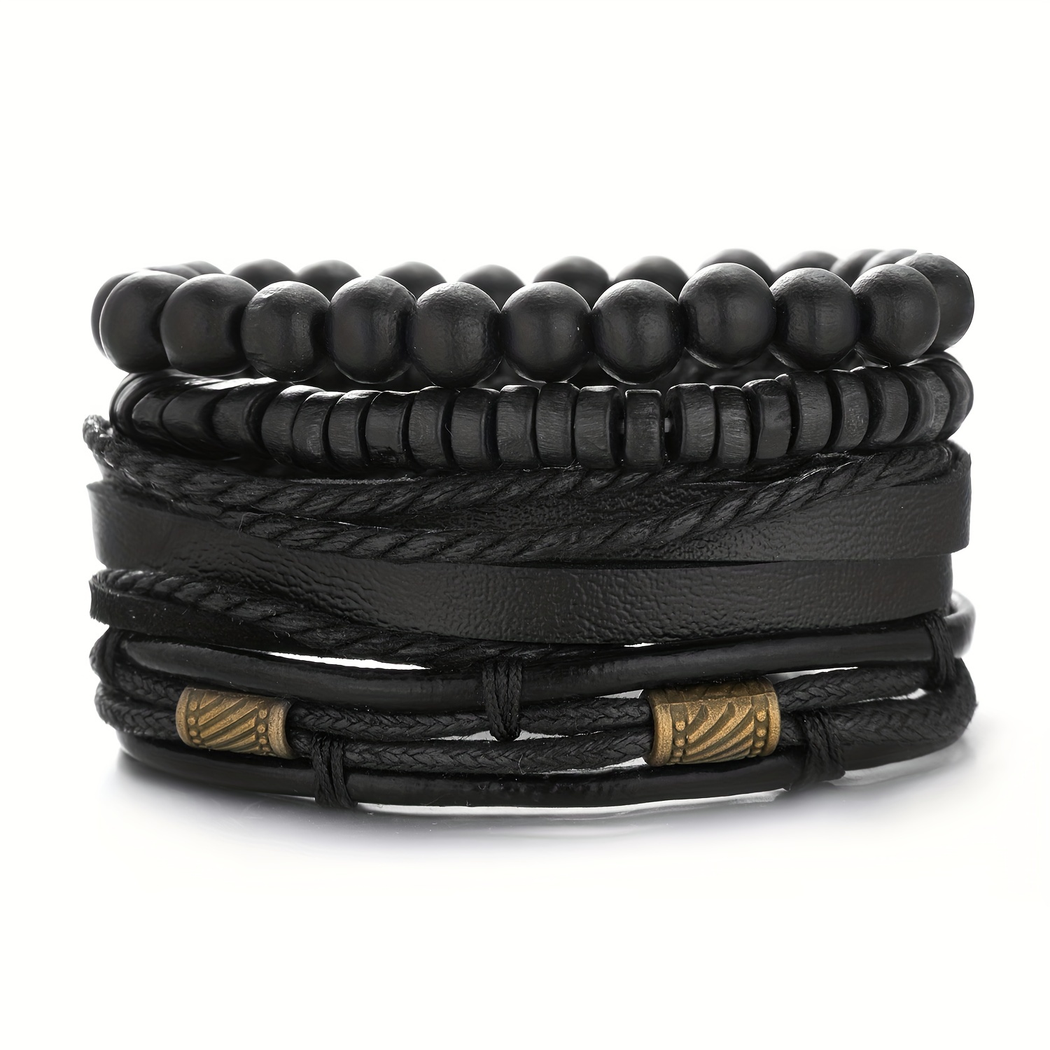Men's Beaded Leather Combination Bracelet Set